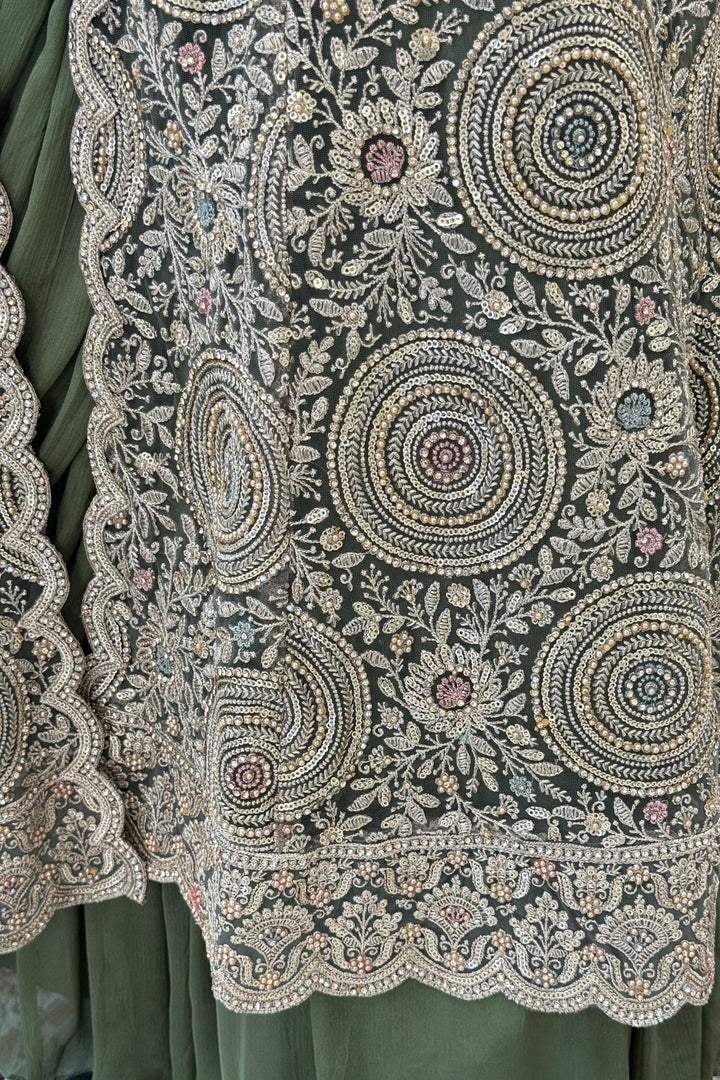 Olive Green Drape Style Lehenga with Sequins, Stone and Zari work Long Overcoat