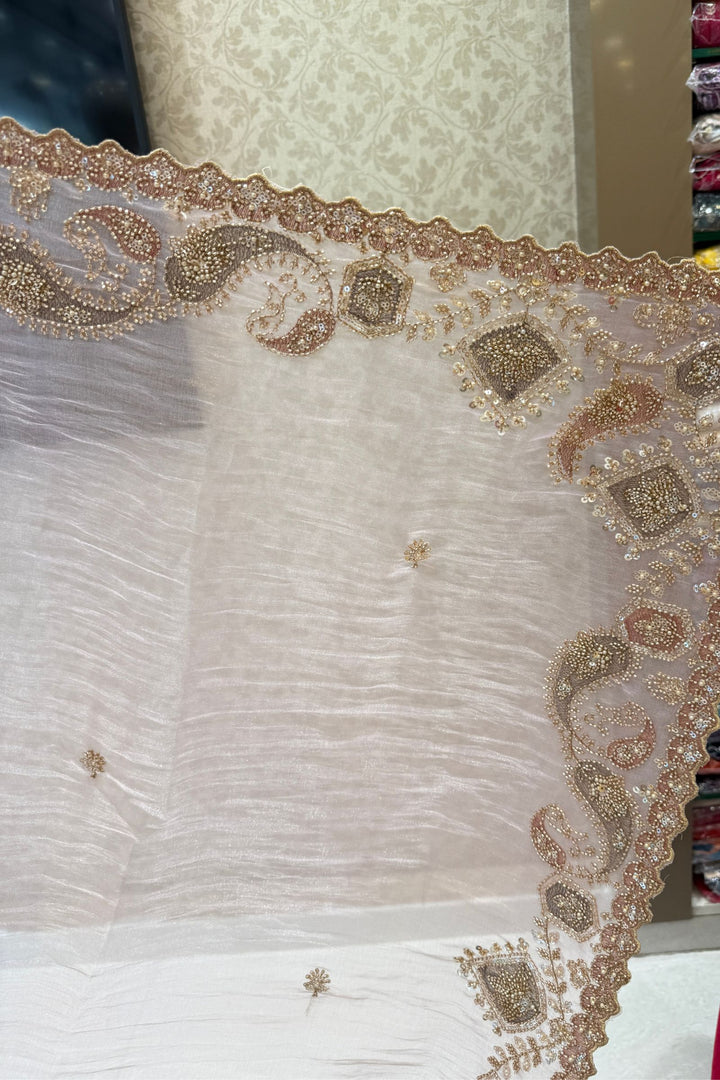 Pink Saree with Intricate Zari, Sequin and Beaded Embroidered Border