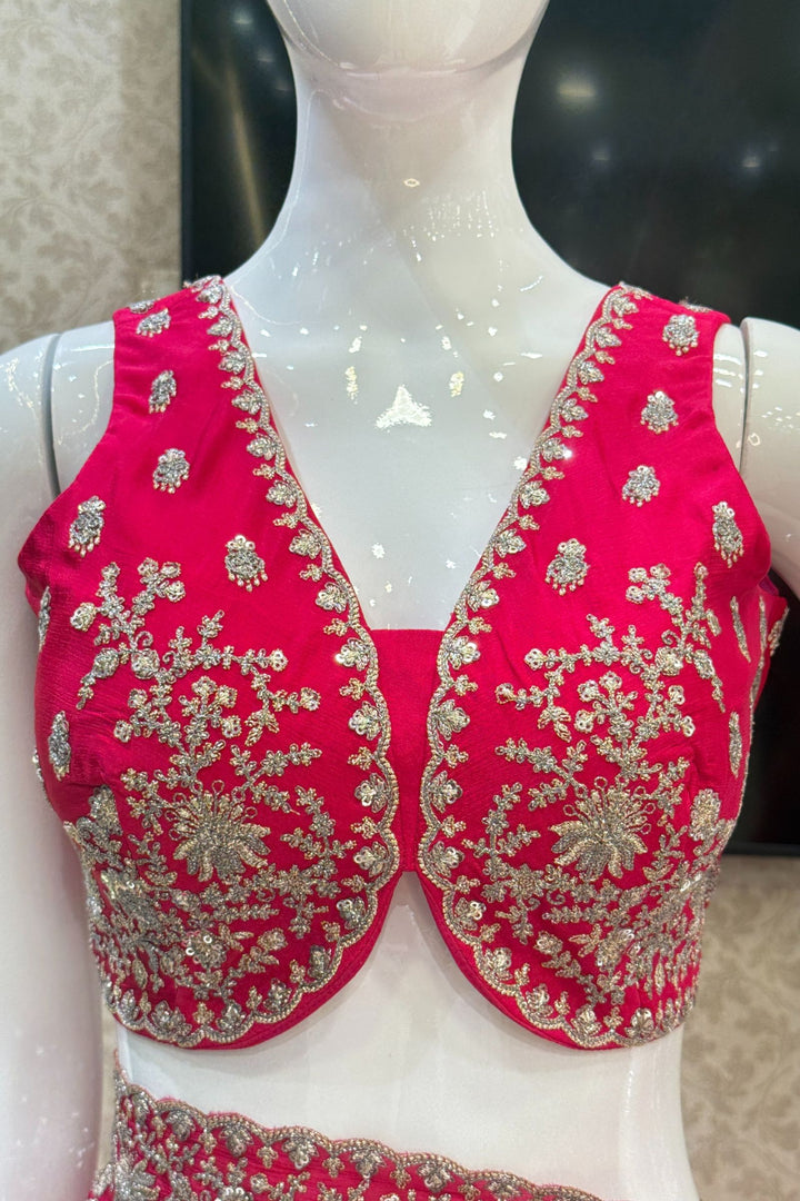 Rani Pink Zari and Sequins work Saree