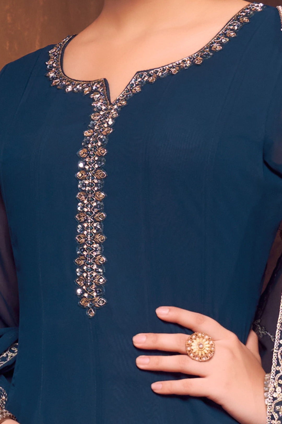 Peacock Blue Stone, Sequins, Zardozi and Beads work Aline Cut Salwar Suit