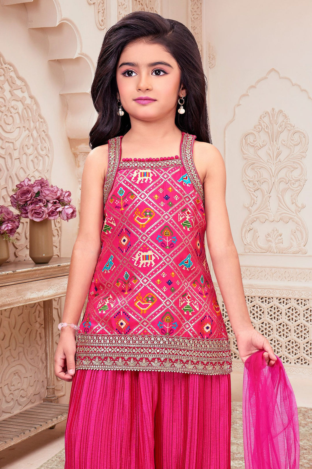 Rani Pint Sequins and Zari work with Patola Print Top and Afghani Set for Girls