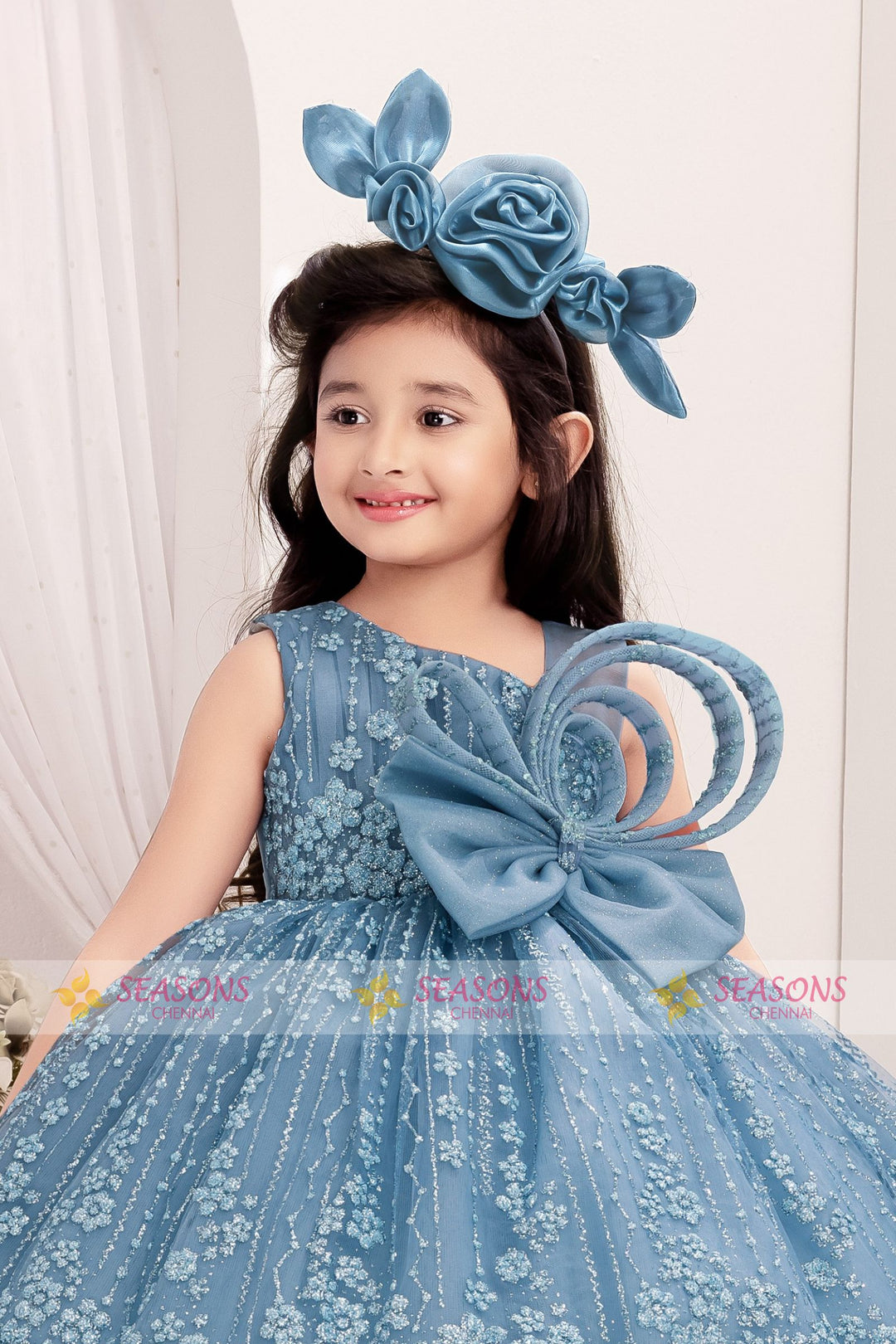 Greyish Blue Glitter work Short Partywear Frock for Girls