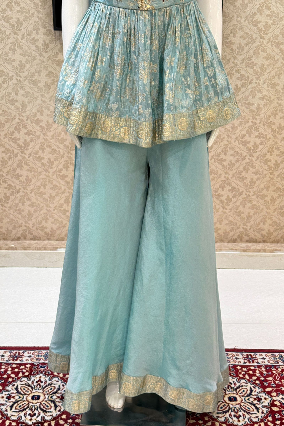 Sky Blue Banaras, Stone, Sequins, Beads and Zardozi work Peplum Top with Palazzo Suit Set