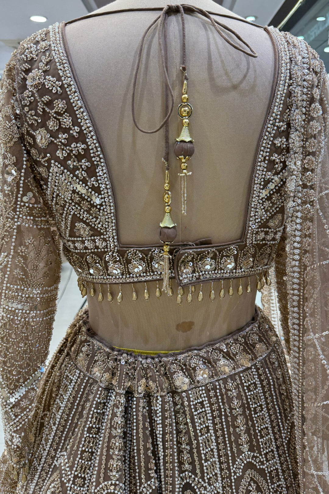 Copper Sequins, Pearl and Zari work Flared Lehenga Set with Peacock Motifs