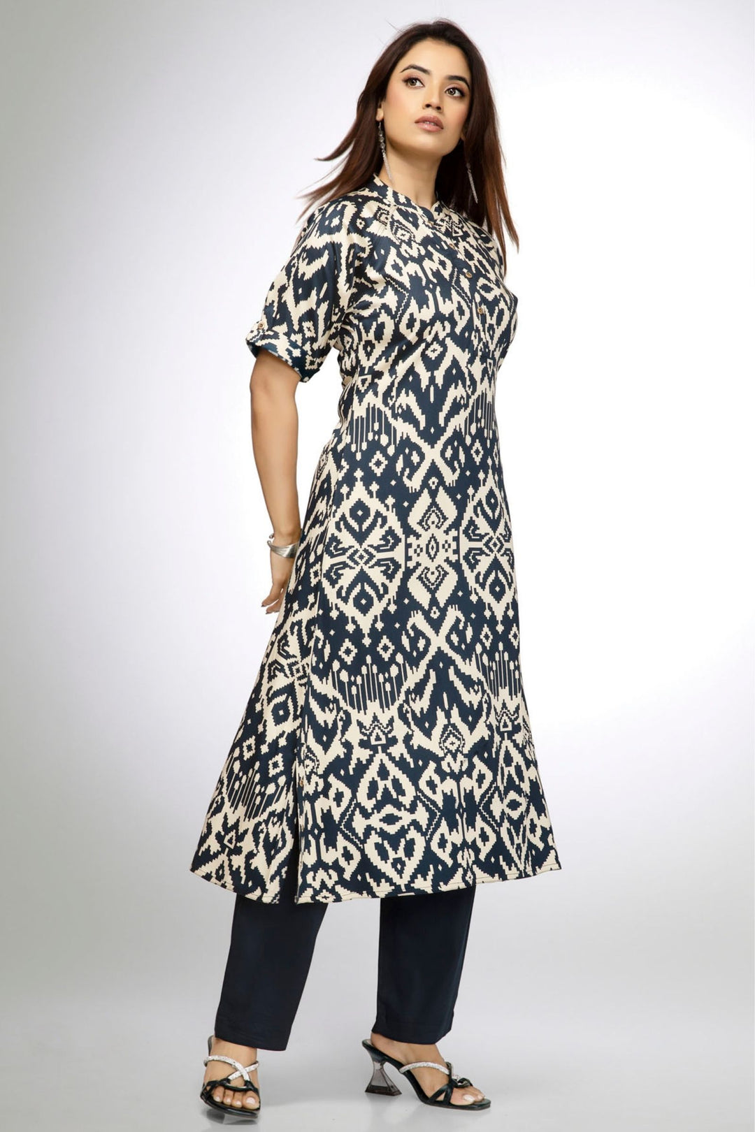 Navy Blue Ikat Print Straight Kurta Set