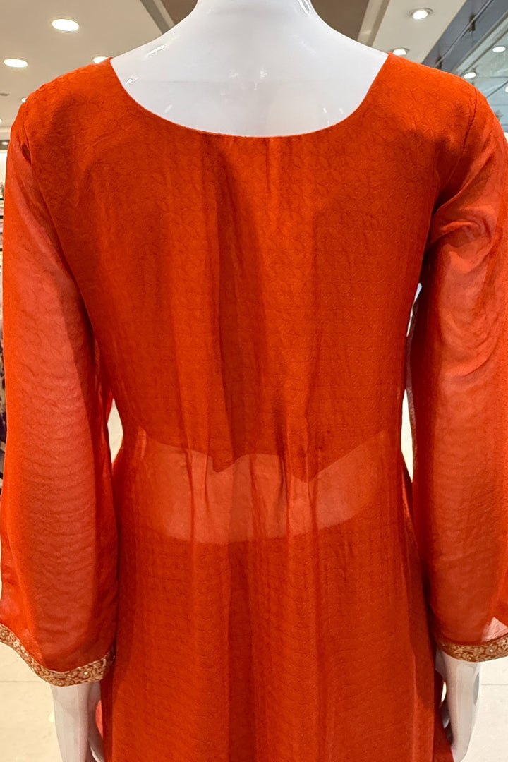 Orange Banaras, Stone, Zardozi, SEquins, Beads and Zari work Straight Cut Salwar Suit