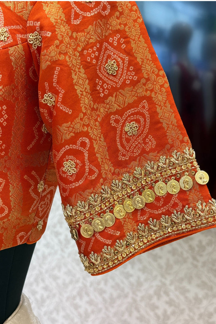 Orange with Cream Banaras, Zardozi, Sequins, Beads and Zari work Crop Top Lehenga