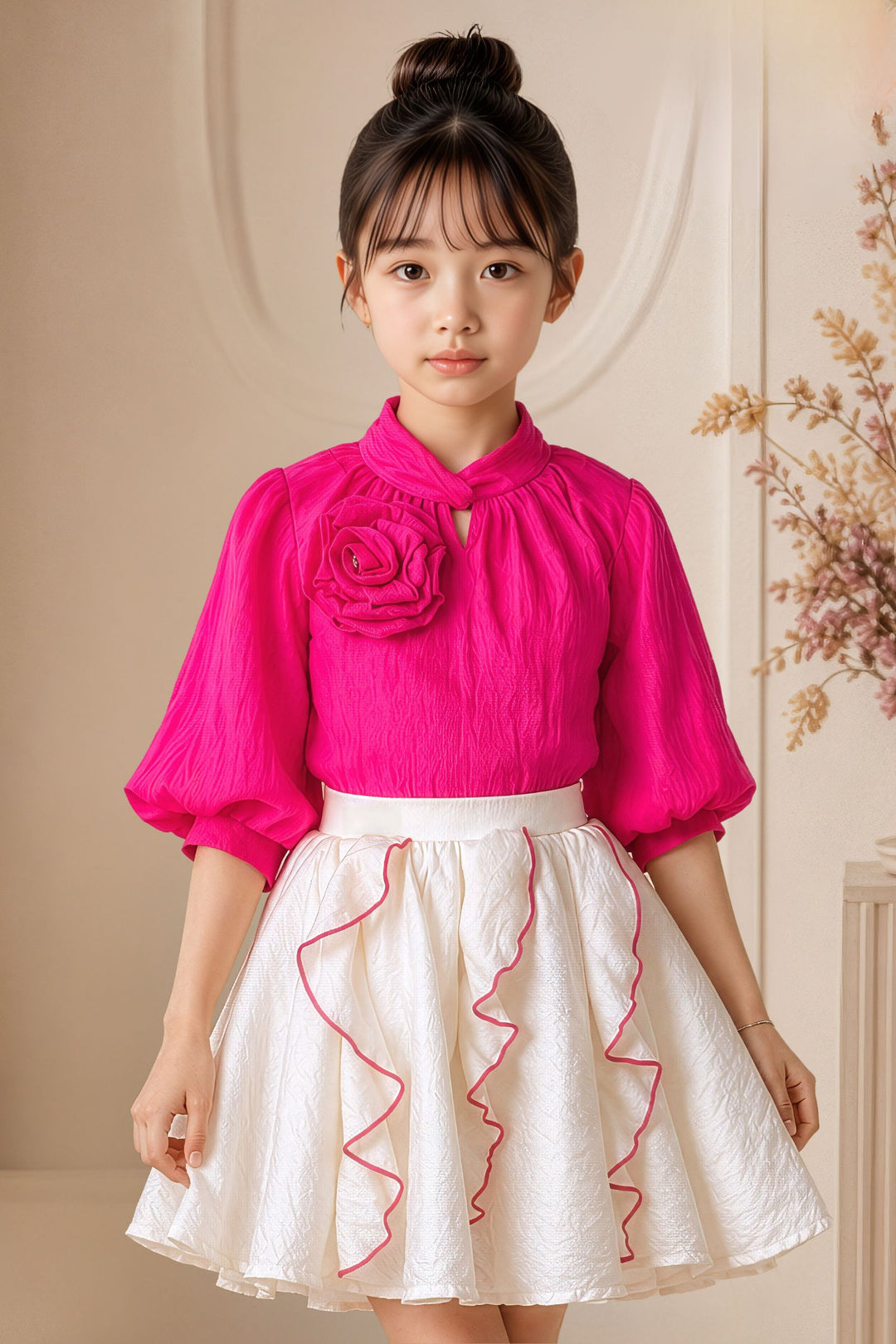 Pink with Cream Top and Skirt for Girls