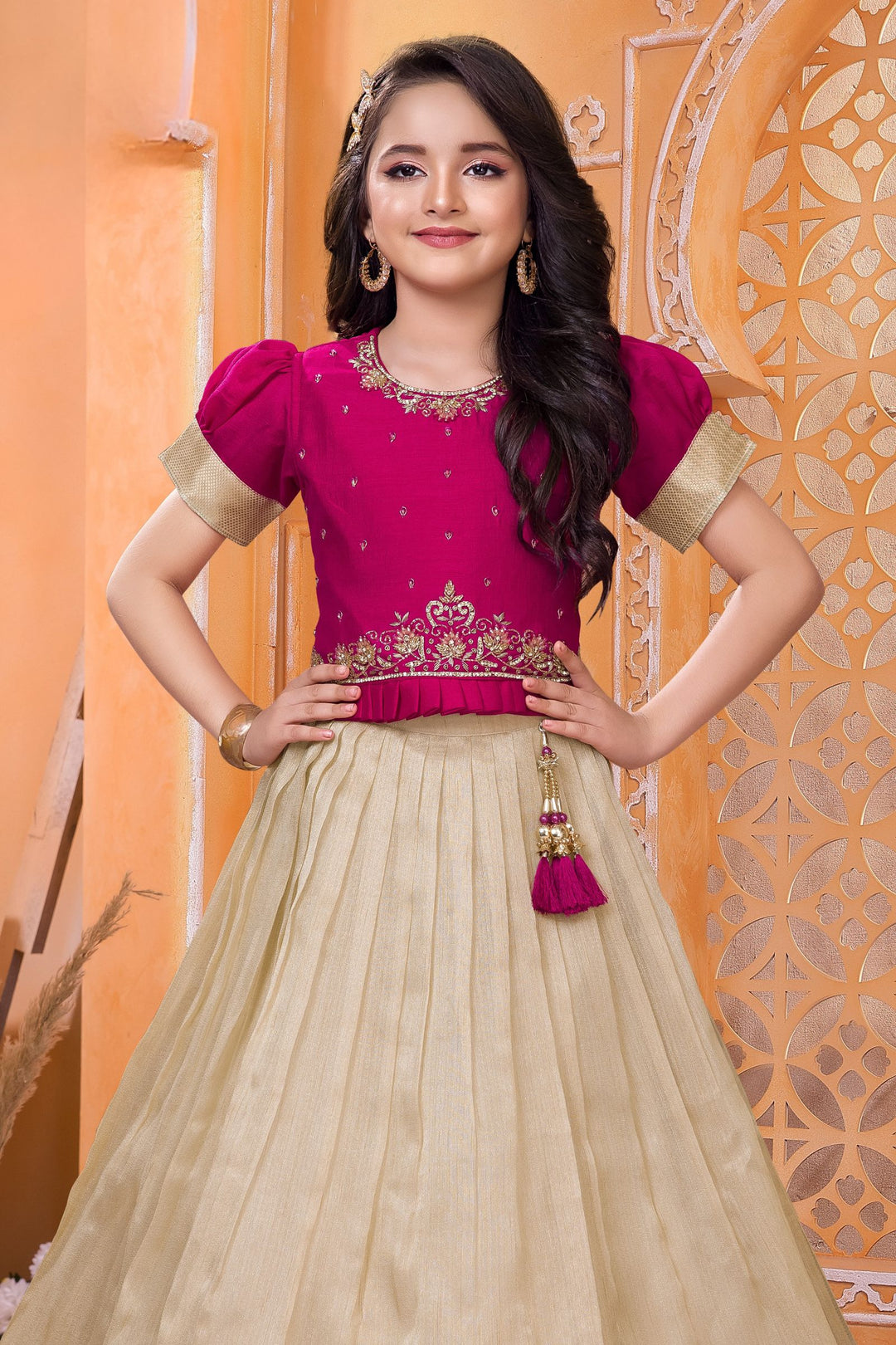Rani Pink with Cream Zardozi, Stone, Beads and Banaras Zari work Lehenga Choli for Girls
