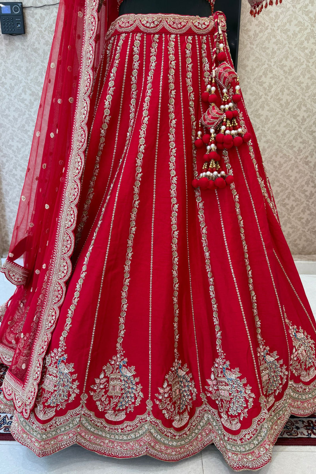 Red Zardozi, Sequins, Beads, Pearl, Thread and Zari work Crop Top Designer Bridal Lehenga