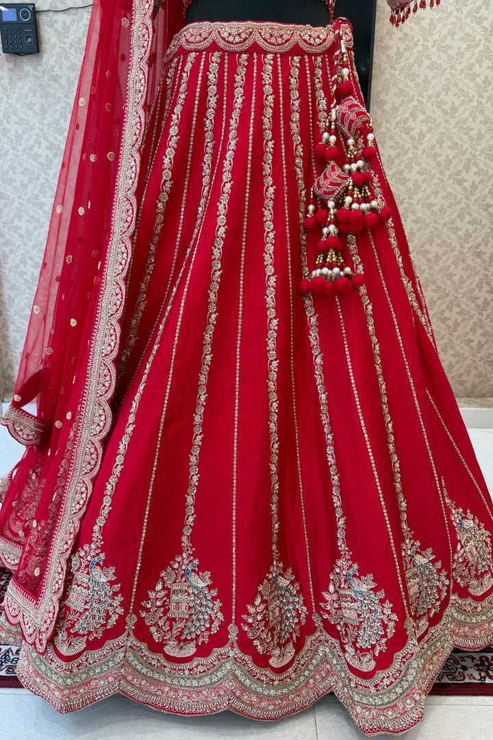 Red Zardozi, Sequins, Beads, Pearl, Thread and Zari work Crop Top Designer Bridal Lehenga