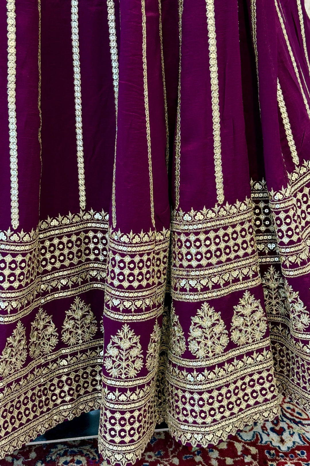 Wine Sequins and Zari work Crop Top Lehenga