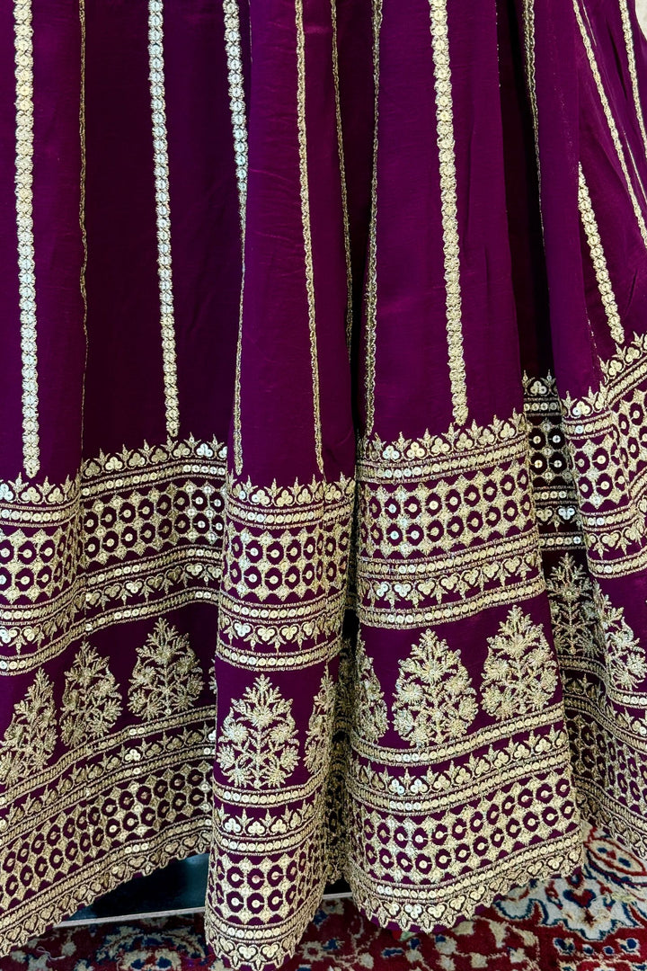 Wine Sequins and Zari work Crop Top Lehenga