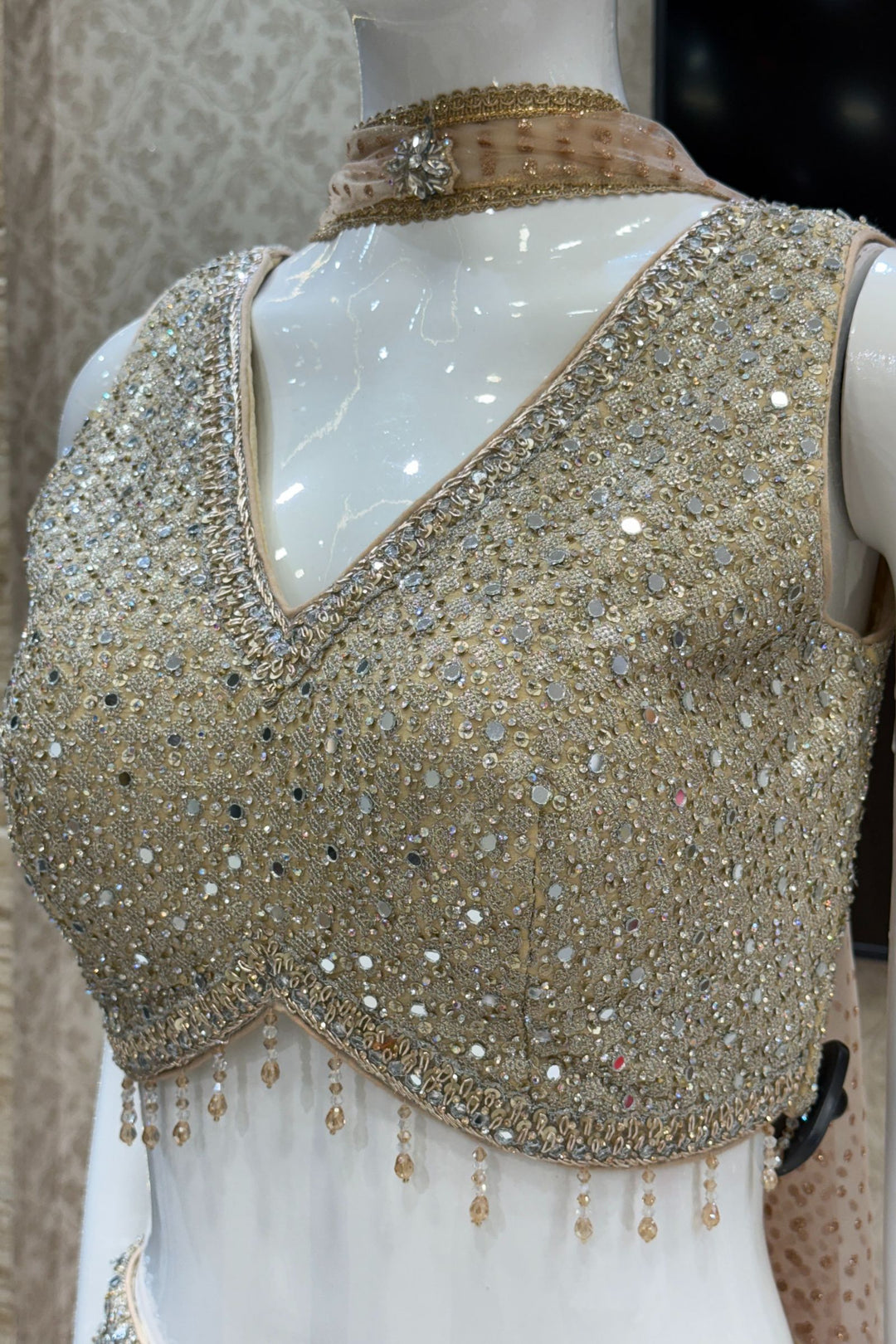 Beige with Maroon Sequins, Zardozi, Beads and Stone work Crop Top with Palazzo Pant