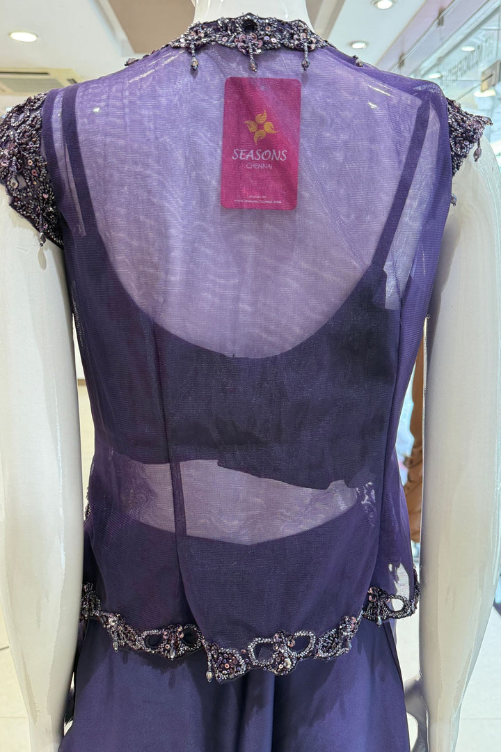 Purple Indo-Western Styled Beads and Sequins work Top and Cowl Skirt