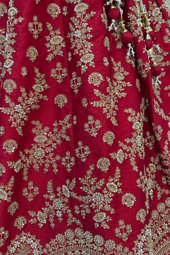 Maroon Beads, Zari, Zardozi and Sequins work Crop Top Designer Bridal Lehenga with Belt