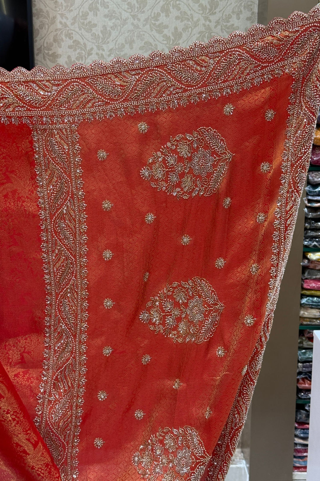 Crimson Red Banaras Silk Saree Featuring Intricate Beads, Sequins and Zari Cutwork Border