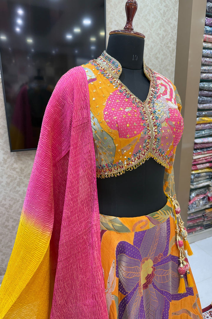 Yellow Zardozi, Beads, Sequins, Zari, Mirror and Floral work Crop Top Lehenga