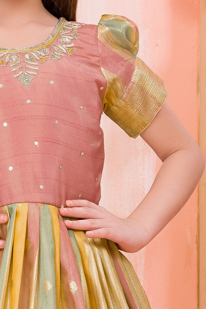 Peach Zardozi and Zari work with Multicolor Long Party Gown for Girls