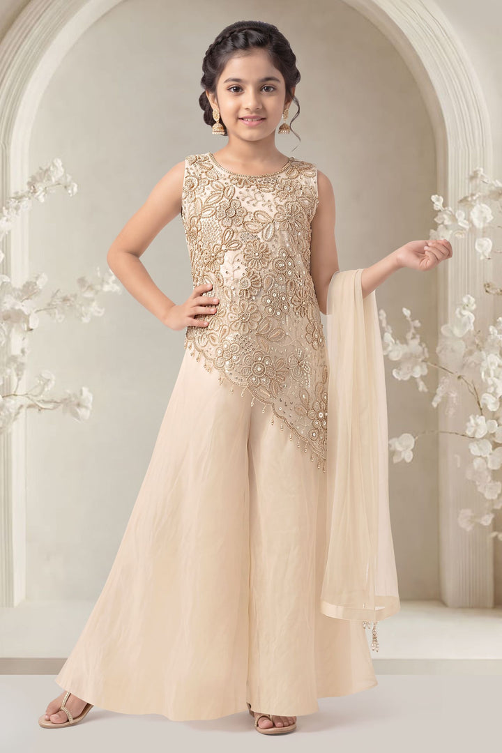 Cream Beads, Sequins and Thread work Palazzo Suit Set for Girls