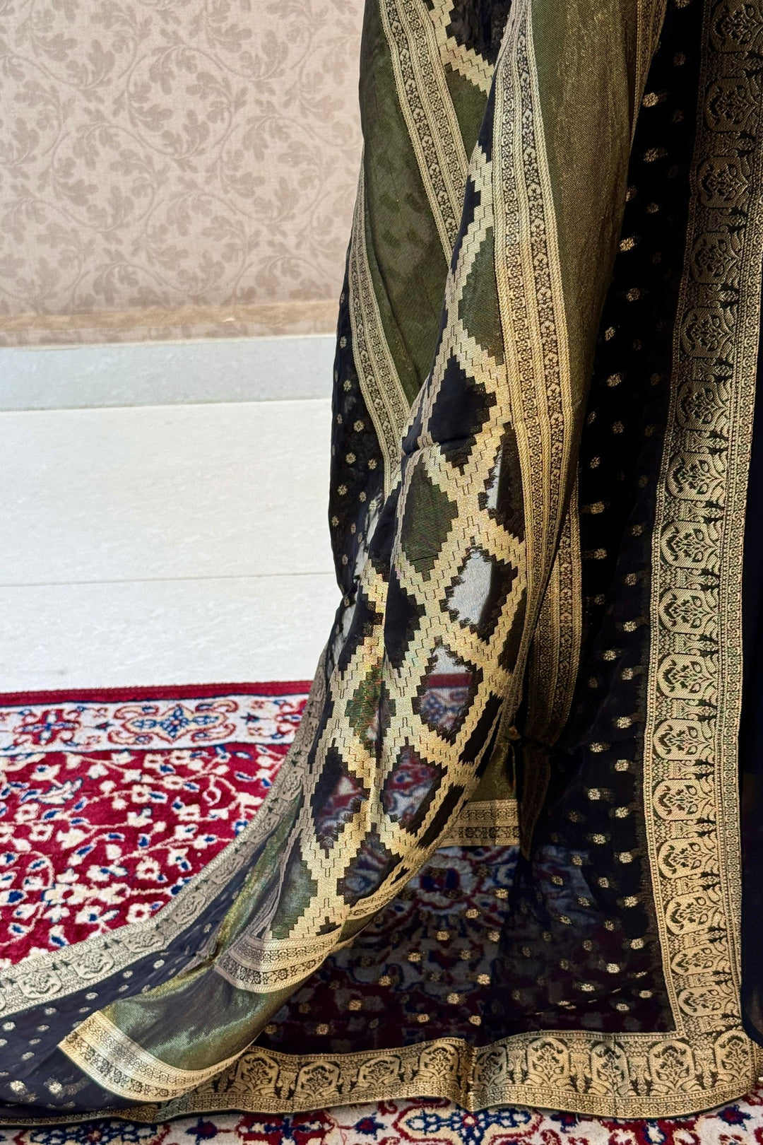 Black Beads and Sequins work Anarkali Gown with Traditional Banaras work Dupatta