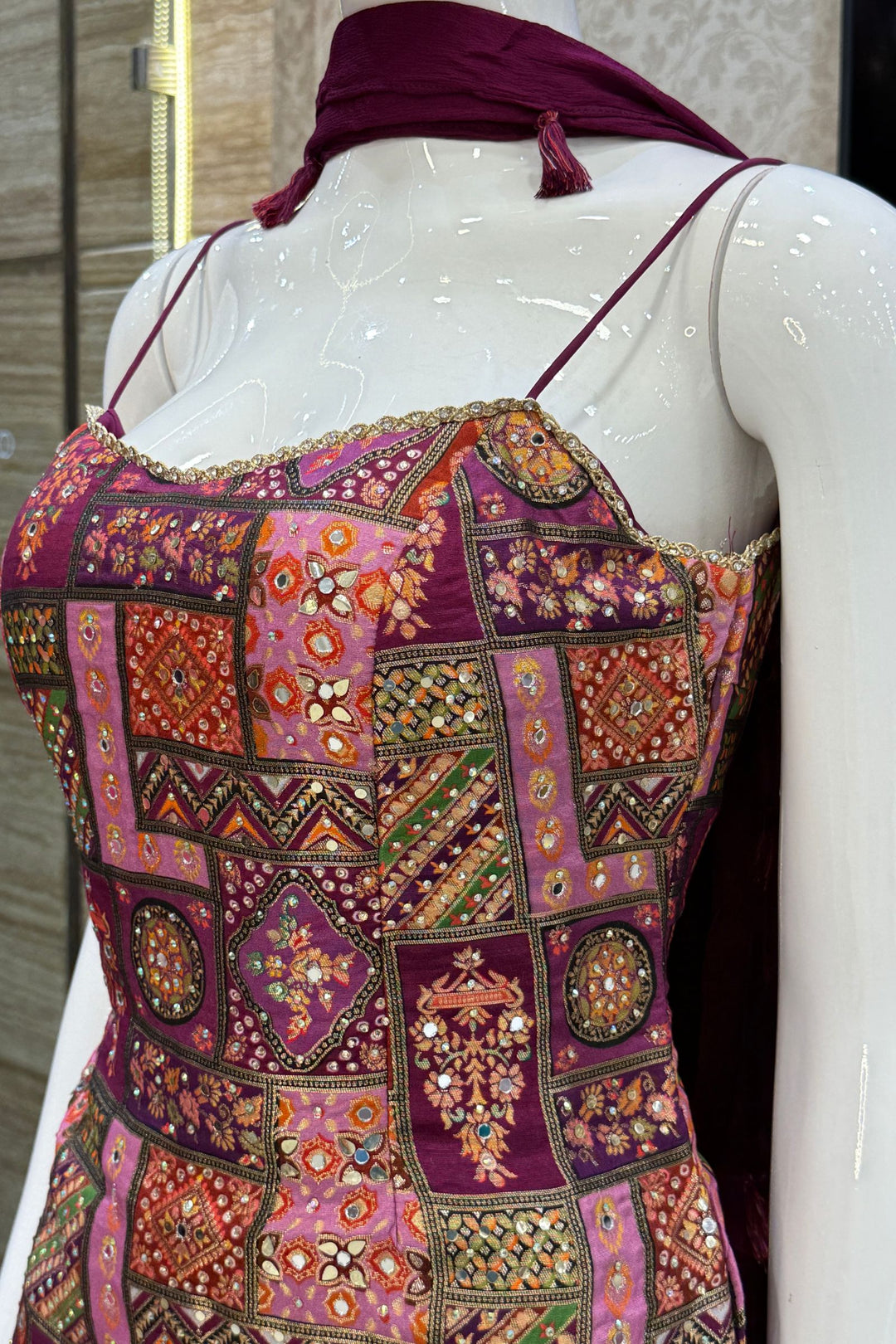 Wine Stone, Mirror and Banaras work with Digital Print Sharara Salwar Suit