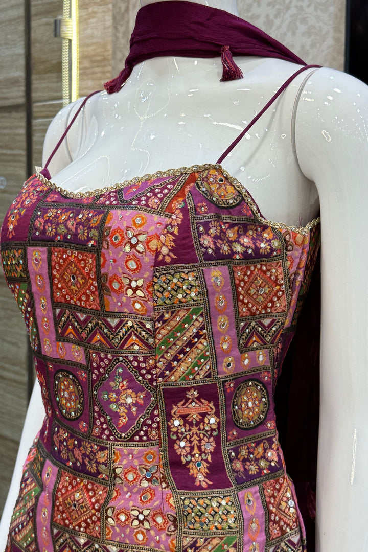 Wine Stone, Mirror and Banaras work with Digital Print Sharara Salwar Suit