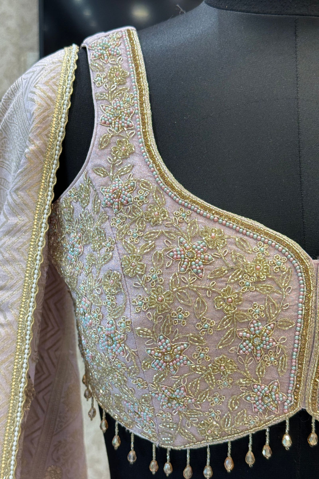 Lavender Banaras, Beads, Stone and Zardozi Work Designer Lehenga