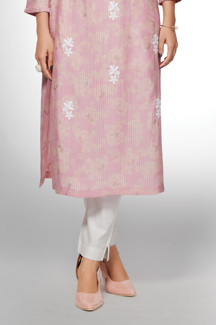 Peach Embroidery Calf Length Kurti