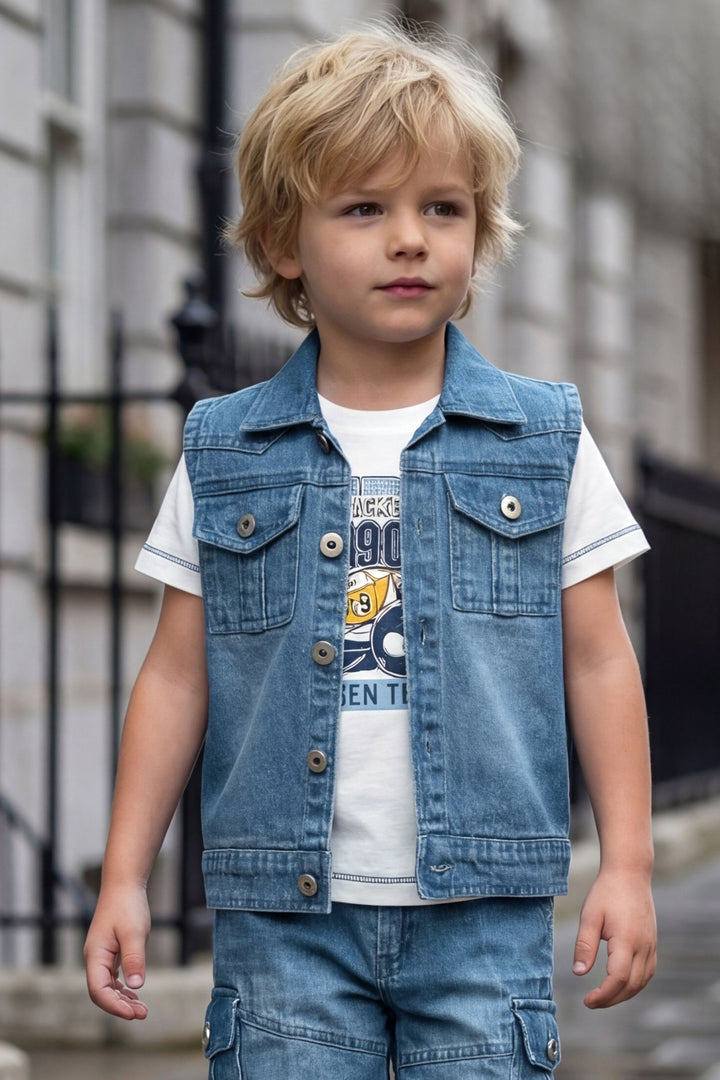 Blue Blazer, Printed T-Shirt with Shorts Set for Boys