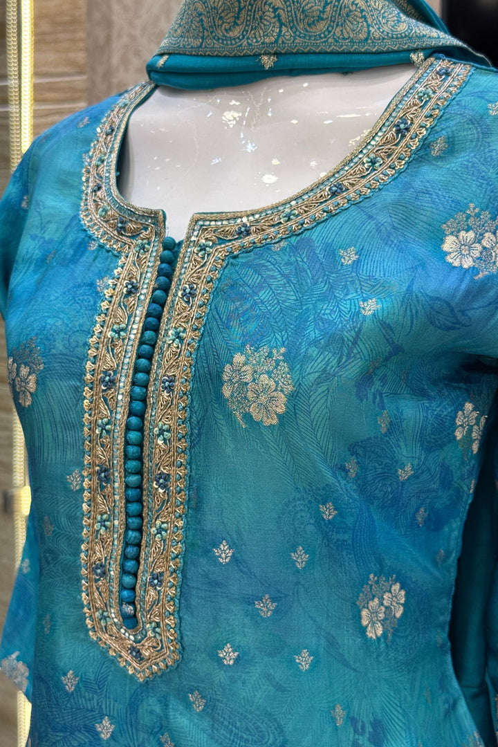 Rama Blue Mirror, Zardozi, Zari and Banaras work with Digital Print Straight Cut Salwar Suit