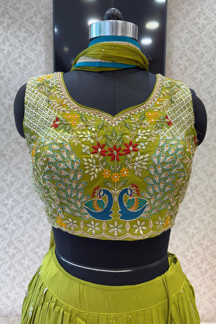 Mehendi Green Zari, Zardozi, Mirror, Stone and Multicolor Embroidery work Crop Top Lehenga