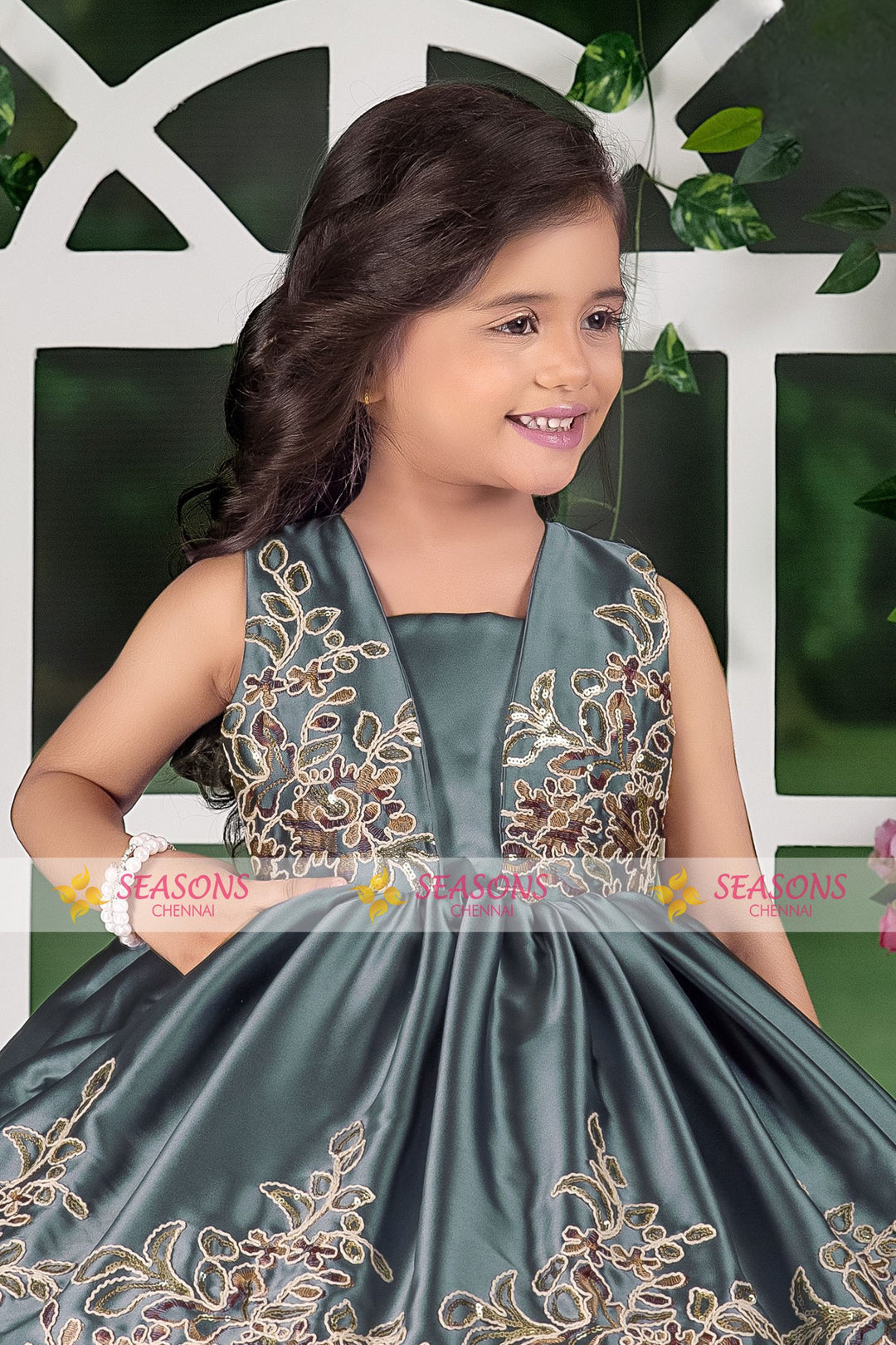 Dark Grey Embroidery and Sequins work Short Partywear Frock for Girls