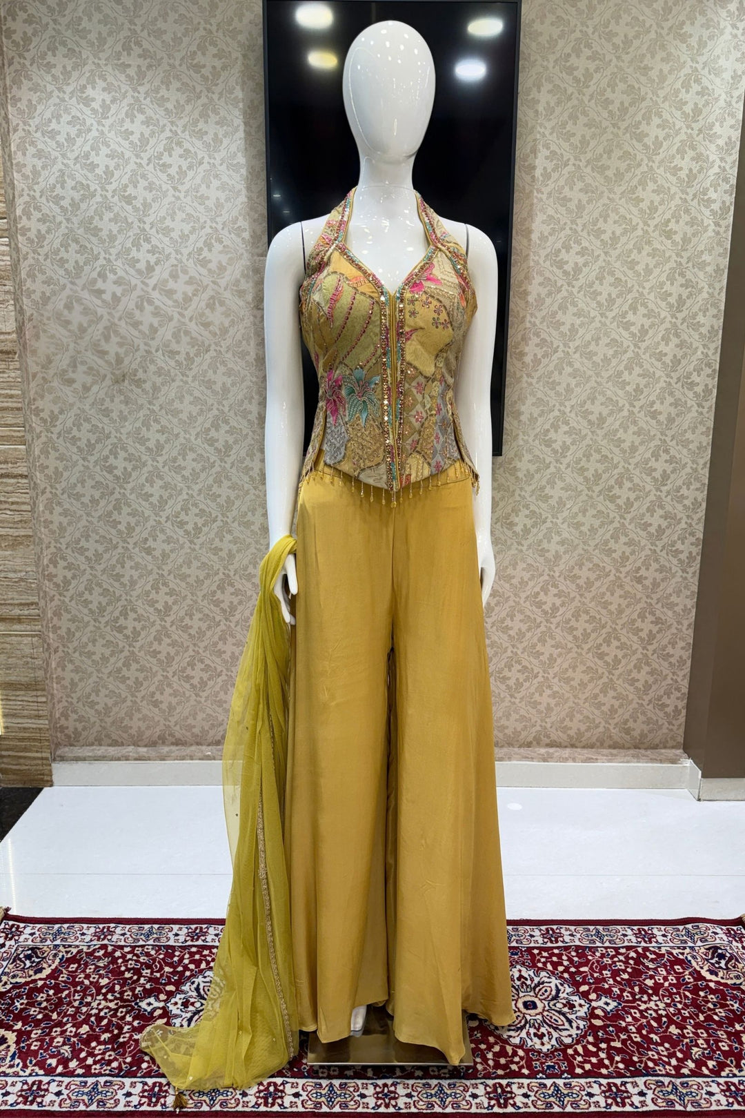 Yellow Halter Neck Palazzo Salwar Suit with Sequins, Mirror, Zari, Stone and Beads Detailing