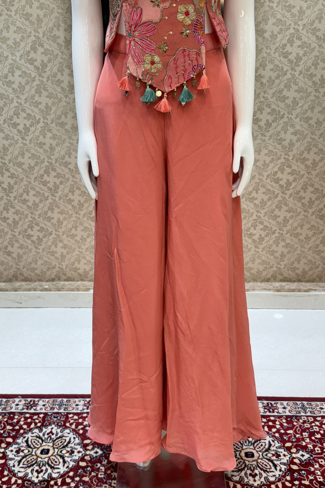 Peach Sequins, Zari, Zardozi and Stone work with Multicolor Digital Print Palazzo Suit Set