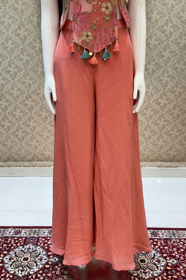 Peach Sequins, Zari, Zardozi and Stone work with Multicolor Digital Print Palazzo Suit Set