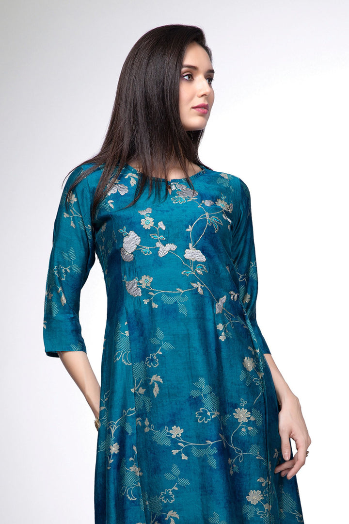 Rama Blue Embroidery and Zari work with Digital Print Aline Cut Calf Length Kurti