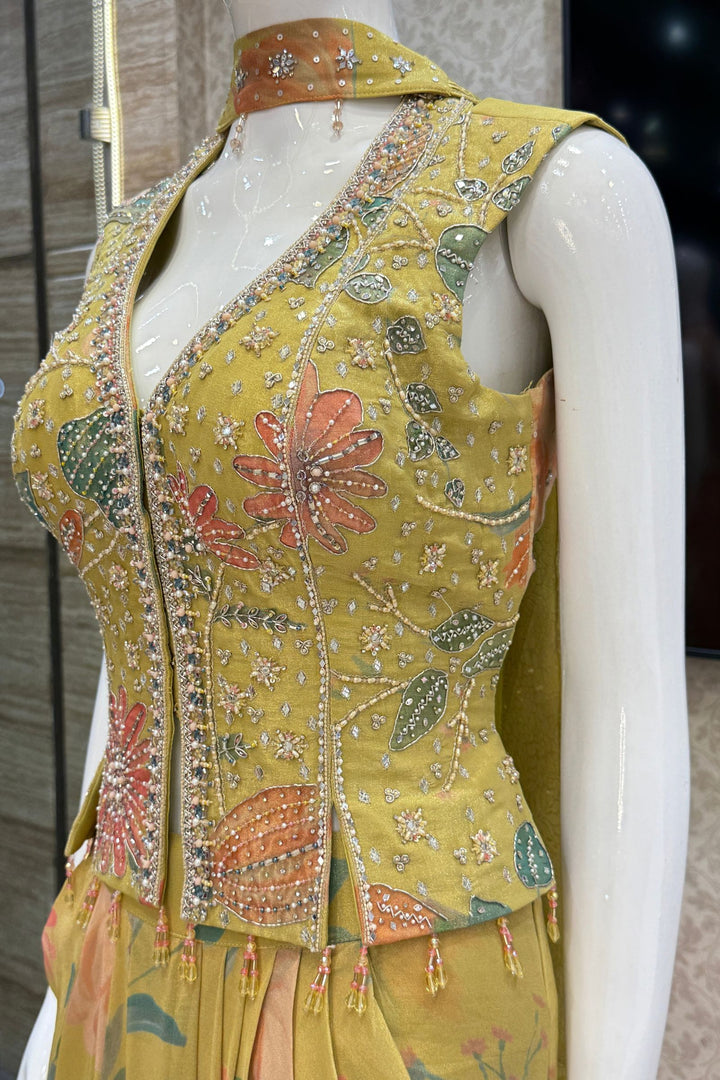 Lemon Green Indo-Western Styled Halter Neck Top and Cowl Skirt