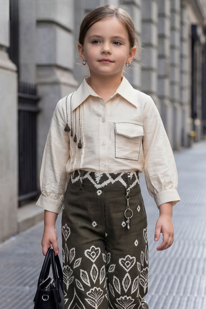 Cream with Mehendi Green Digital Print Top and Palazzo Set for Girls