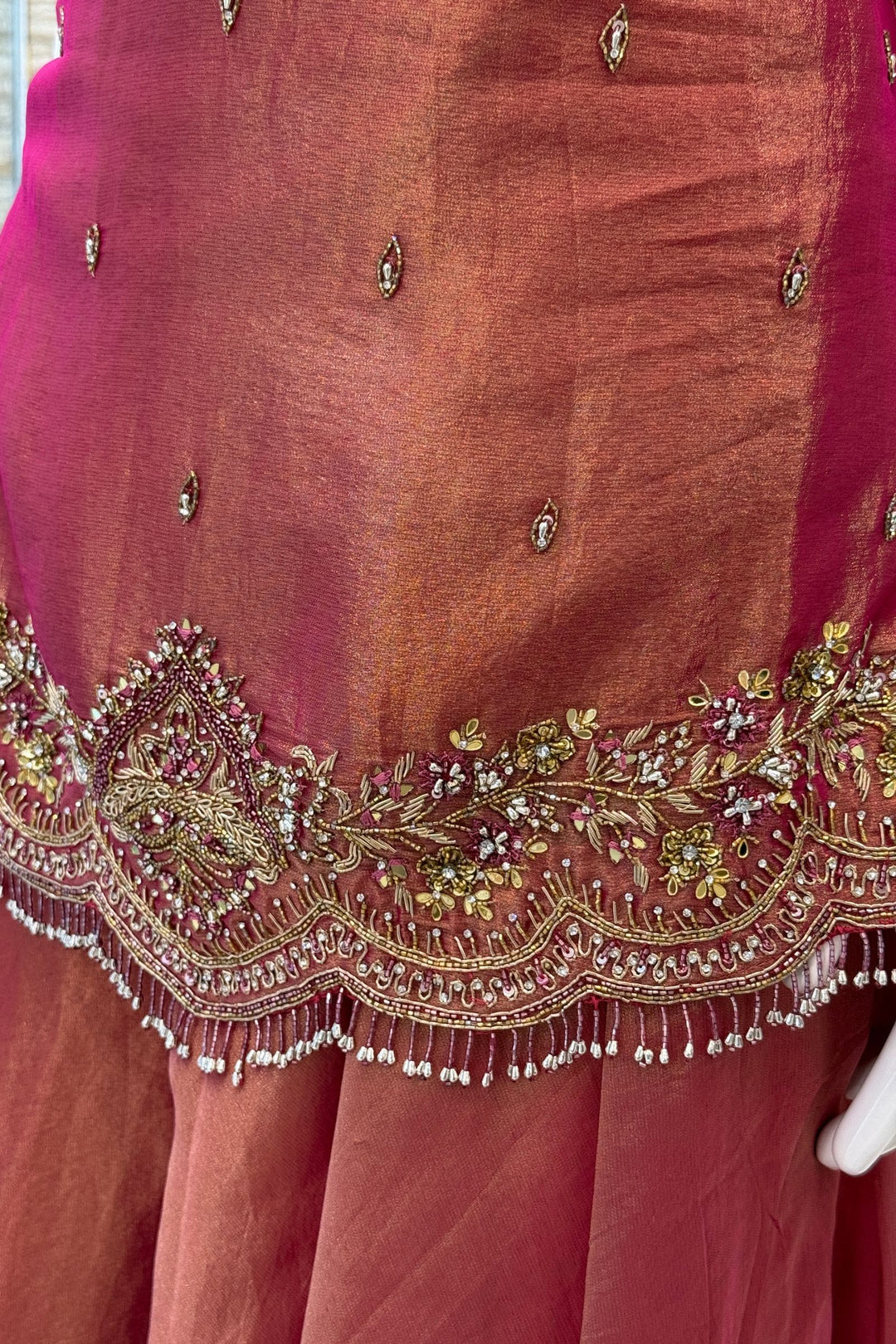 Rani Pink Palazzo Salwar Suit with Zardozi, Mirror and Beads Detailing