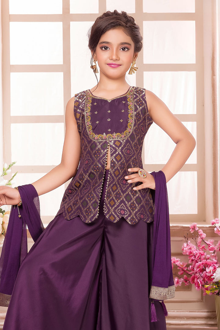 Purple Banaras Zari, Mirror and Beads work Palazzo Suit Set for Girls