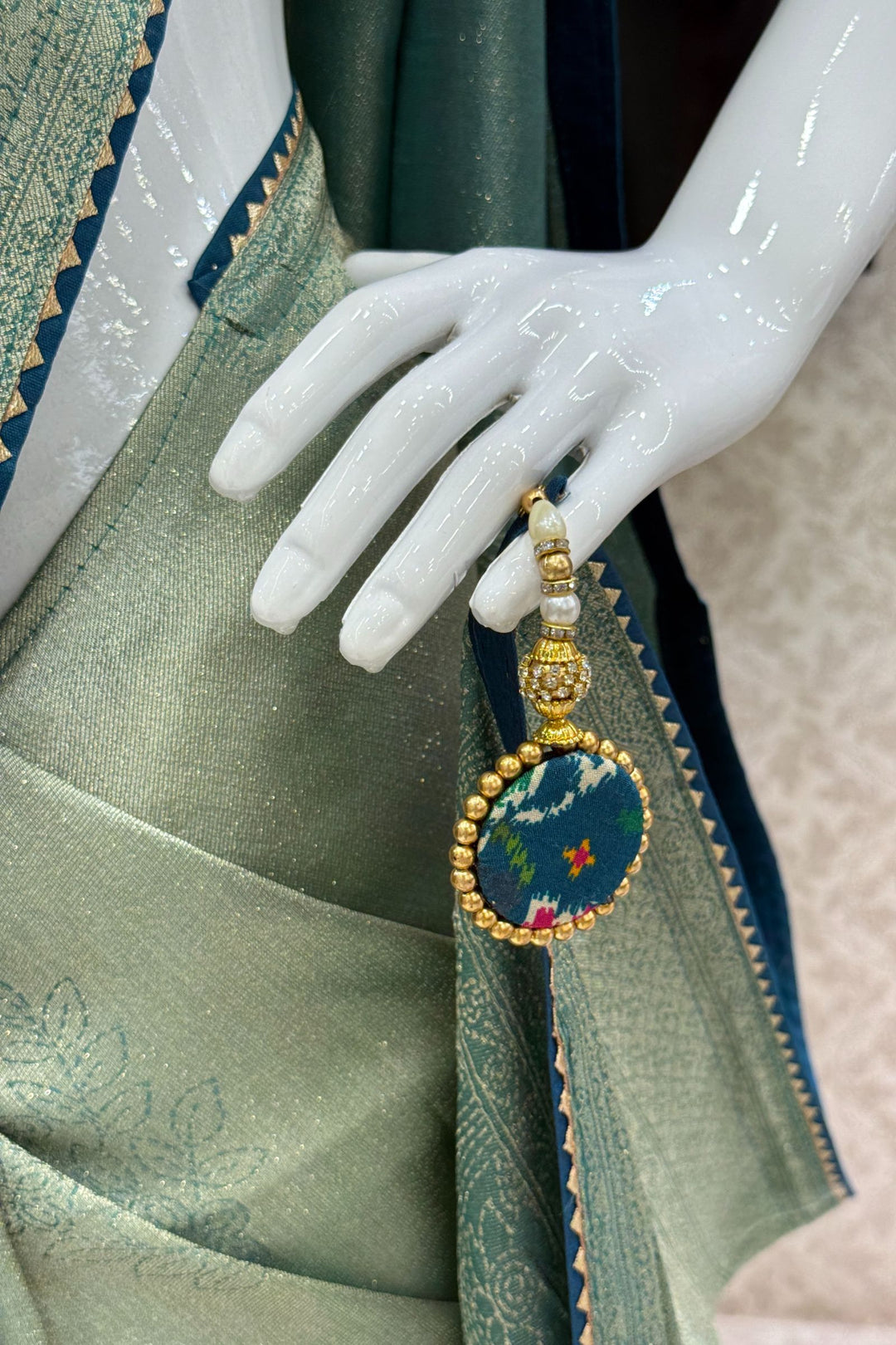 Sea Green Saree with Peacock Blue Beads, Zari and Sequins work with Pochampally Print Blouse