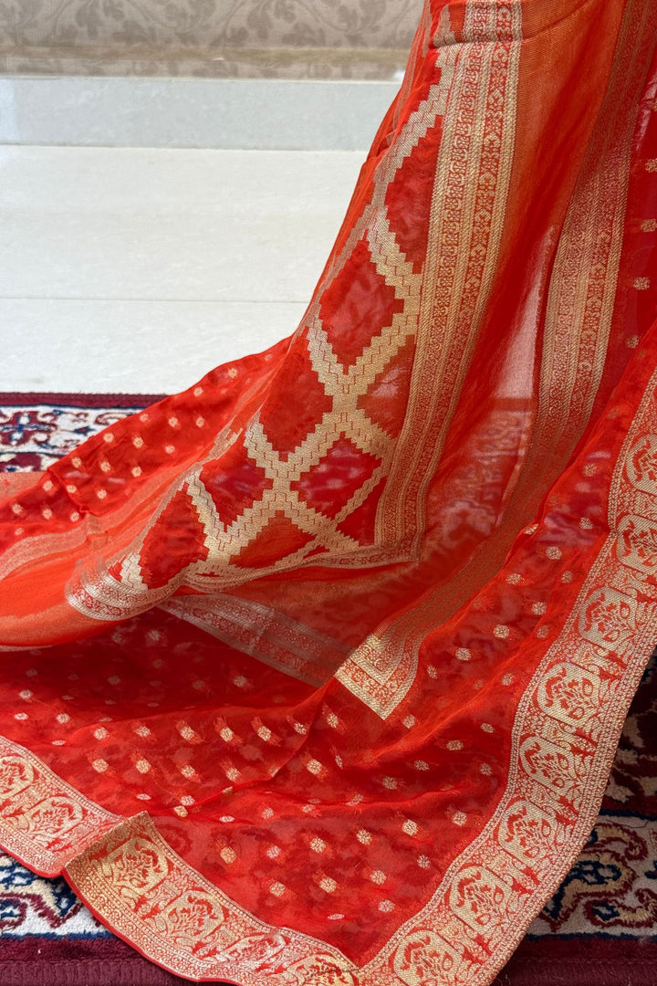 Orange Beads and Sequins work Anarkali Gown with Traditional Banaras work Dupatta