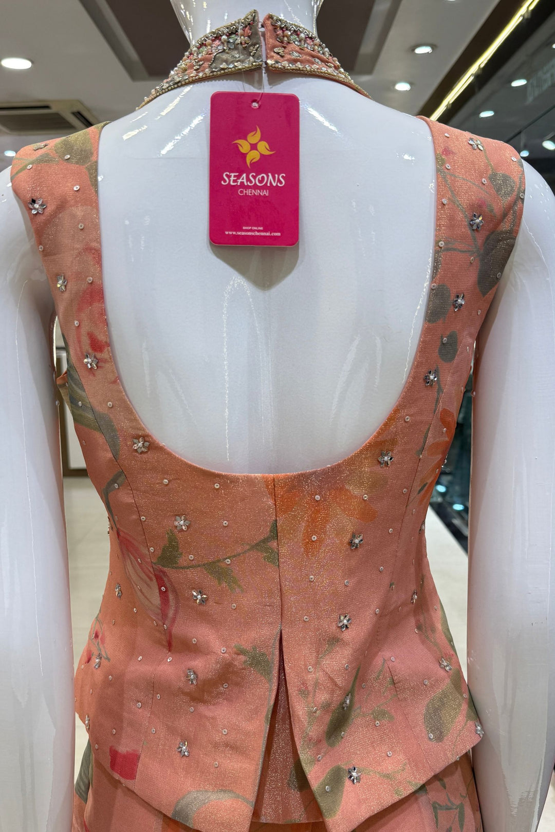 Peach Indo-Western Styled Halter Neck Top and Cowl Skirt