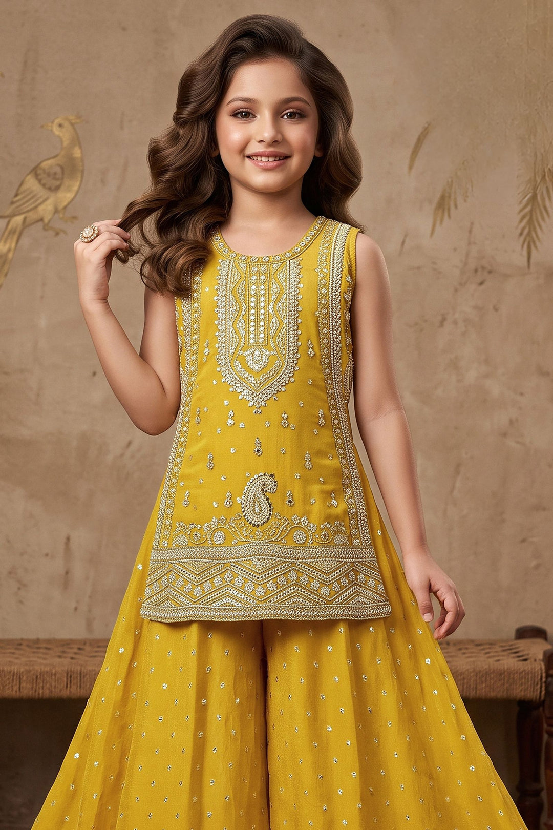 Yellow Beads, Sequins and Zari work Palazzo Set for Girls