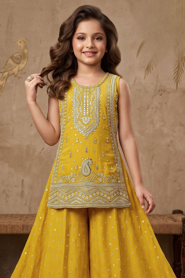 Yellow Beads, Sequins and Zari work Palazzo Set for Girls