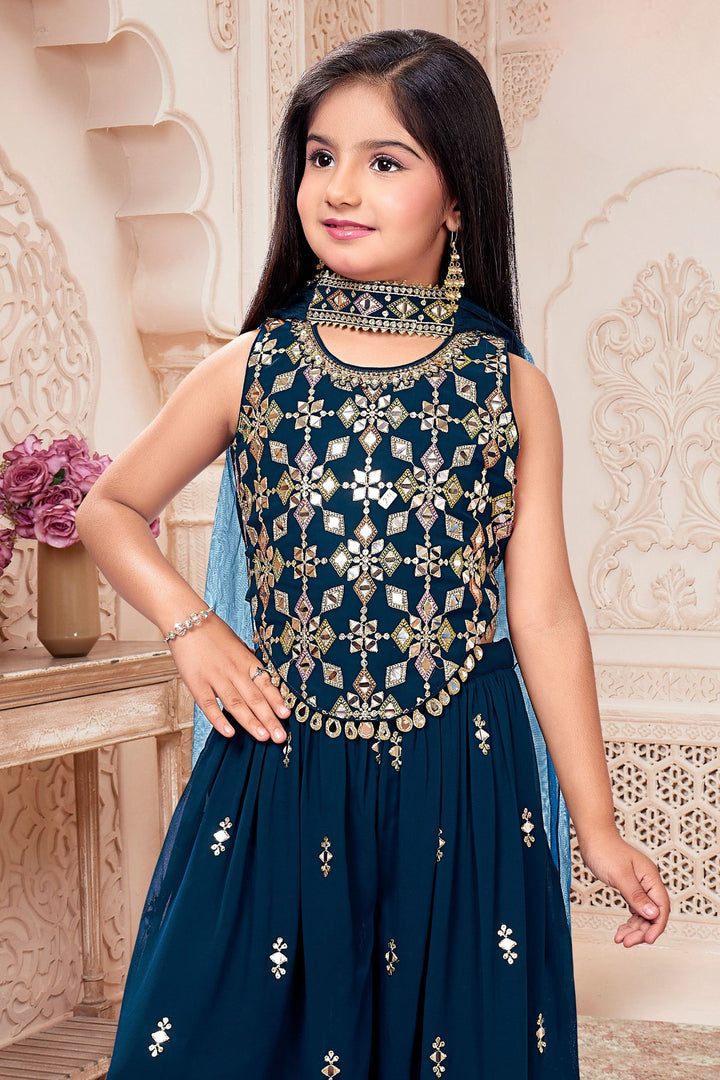 Teal Blue Sequins, Zari, Thread, Beads and Mirror work Palazzo Suit Set for Girls