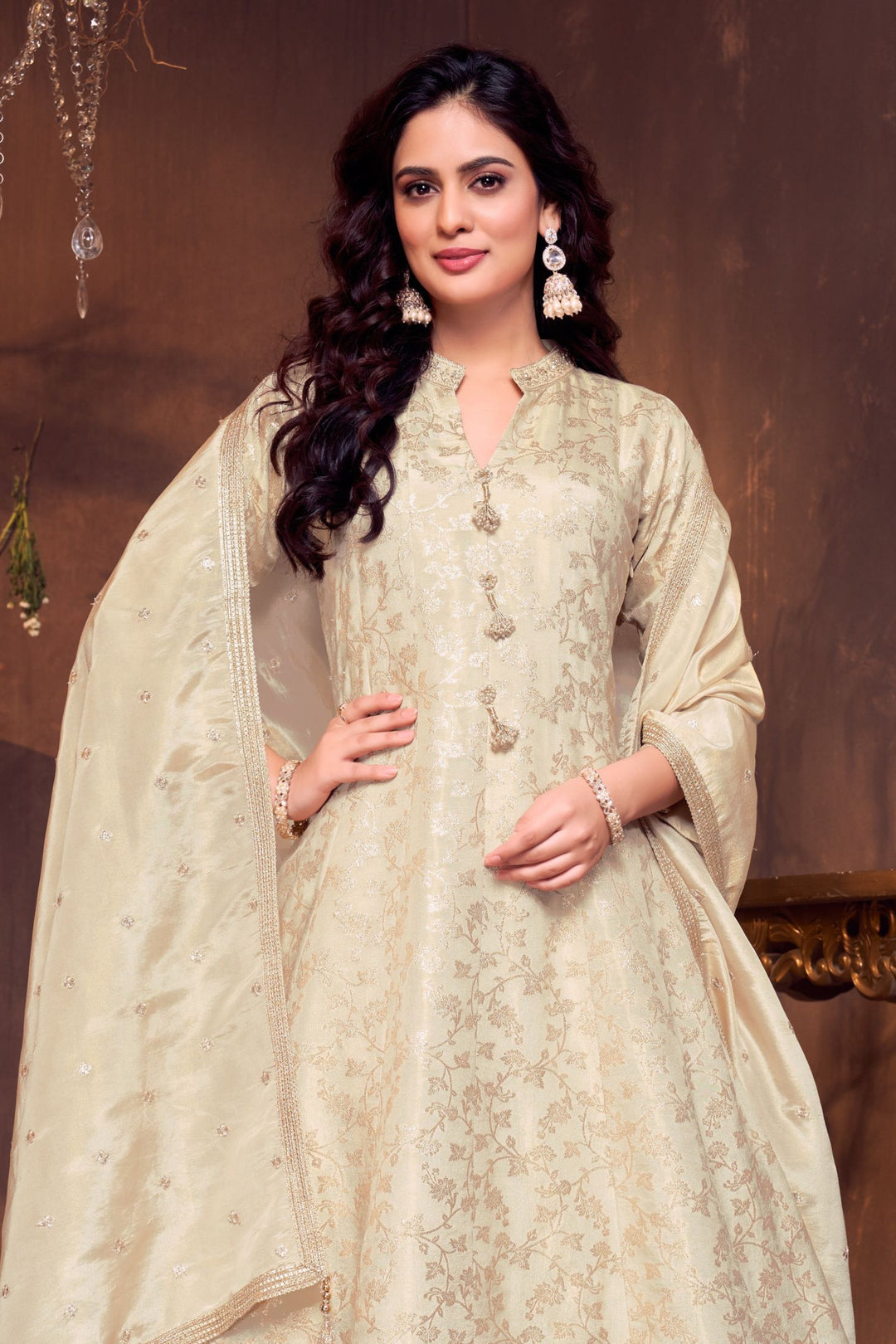 Cream Zari, Stone and Sequins work Anarkali Style Salwar