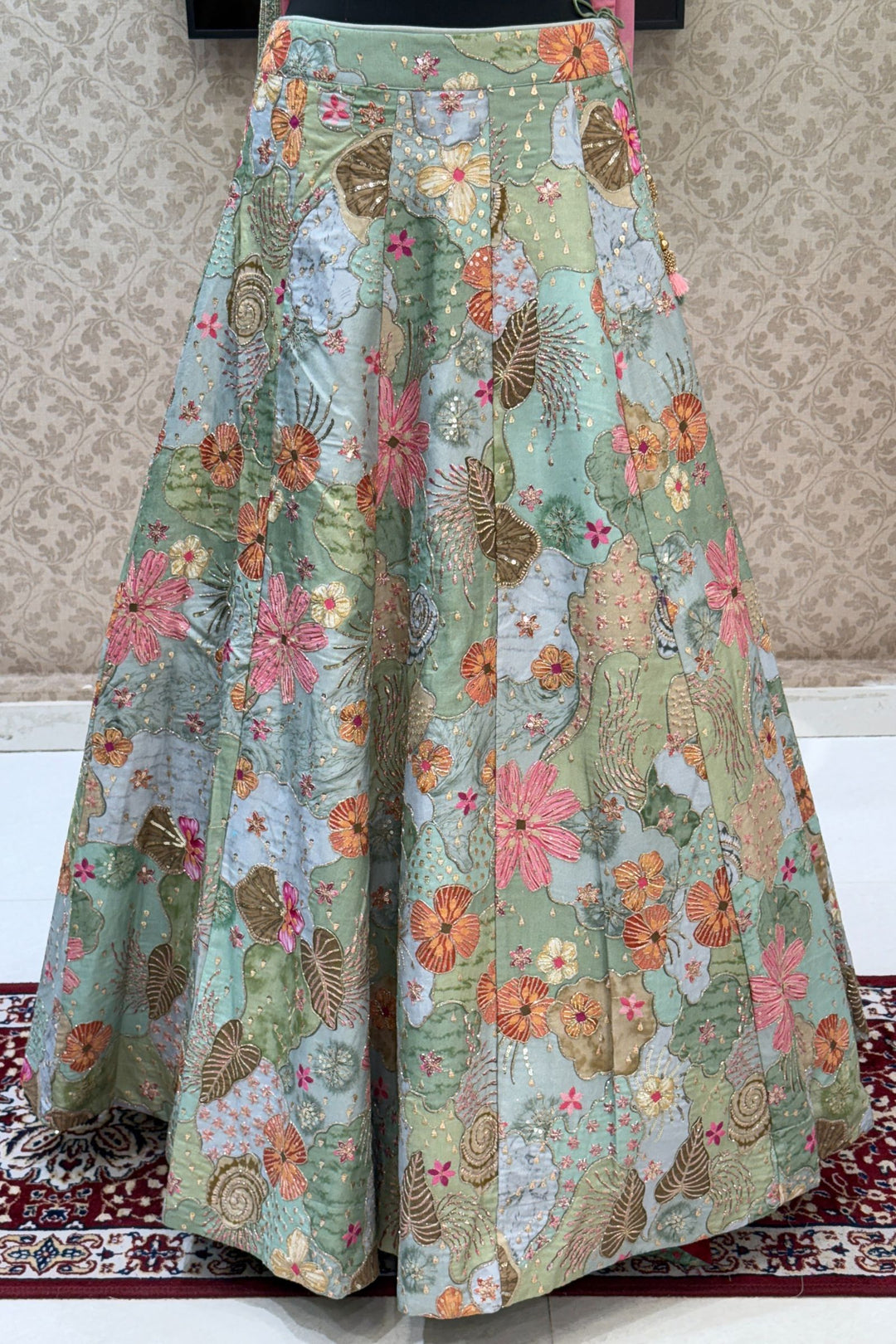 Pink with Light Green Floral Print, Beads, Zari and Sequins work Crop Top Lehenga