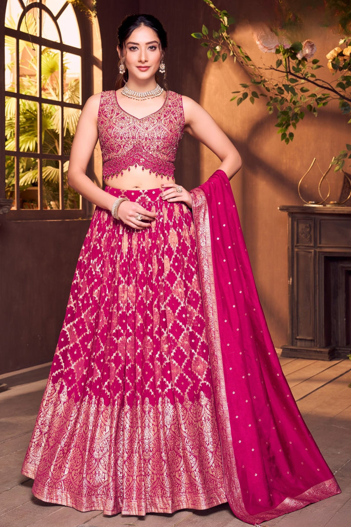 Rani Pink Banaras, Mirror, Beads and Zardozi work Crop Top Lehenga